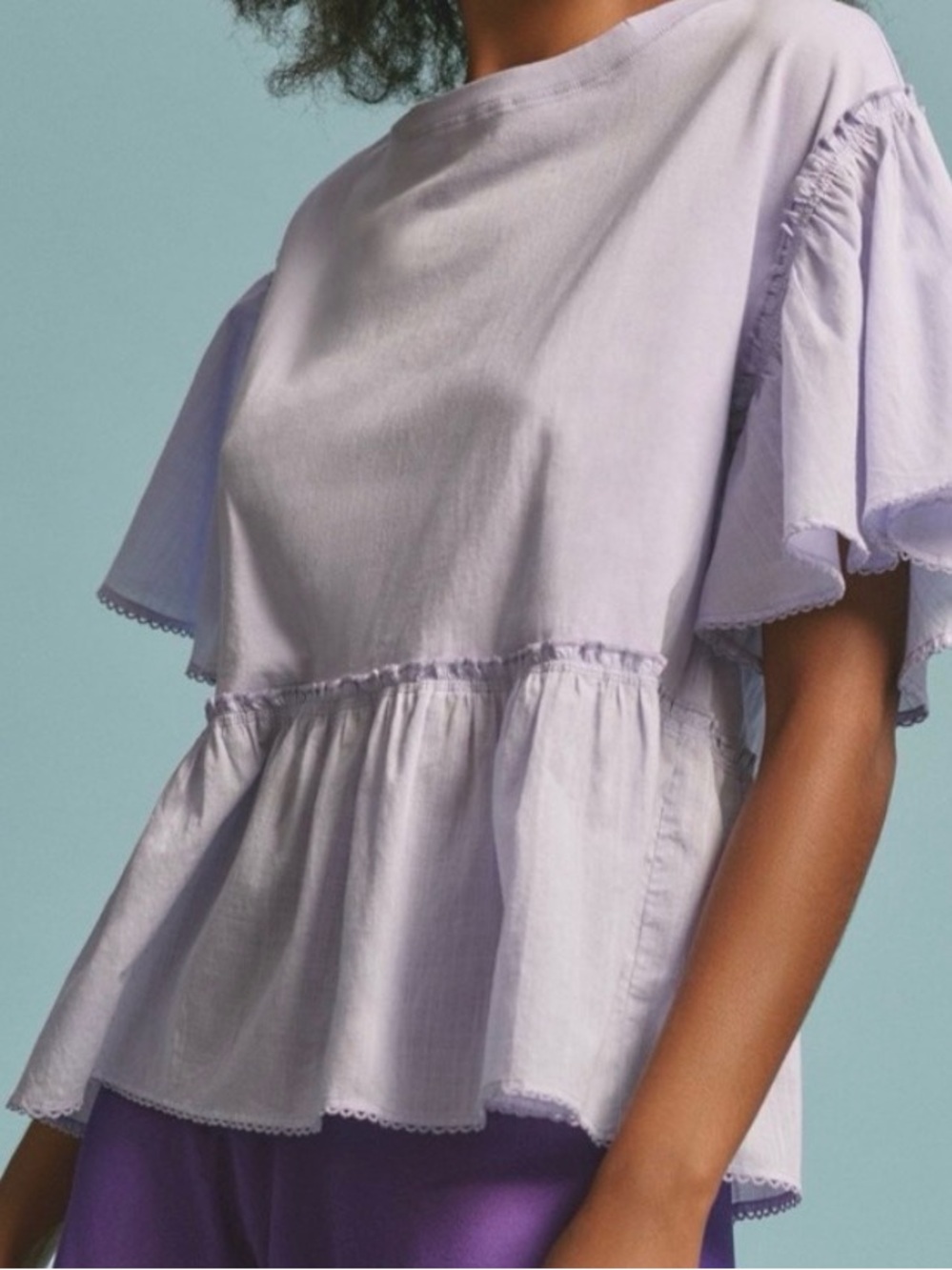 Anthropologie Lavender Peplum Ruffle Sleeve Top NWT Size M